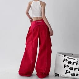 Y2K Red Patchwork Parachute Chic Pants Women Autumn Loose Streetwear Wide Leg Pants Female Hip Hop All Match Straight Trousers