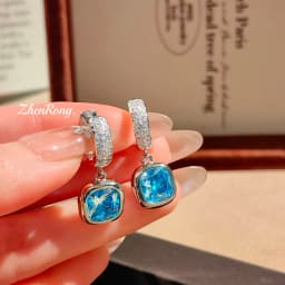French Romantic Compact Paraiba Small Square Earrings Square Sugar Sea Blue Necklace Fat Square Mary Red Ring Female