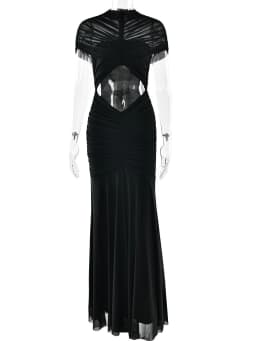 JULISSA MO Patchwork Sexy Hollow Out Sheer Mesh Women Maxi Dress Turtleneck Ruched Dress Spring Slim Elegant Party Evening Dress