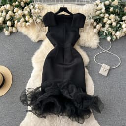 Women Evening Vestidos De Mujer Mesh Patchwork Rruffles Bow Female Black Dresses Ladies High Waist Sheath Sexy Dress Dropship