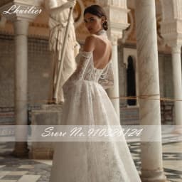 Lhuilier Customized A Line Illusion Lace Wedding Dresses Off the Shoulder Beaded Bridal Gowns with Chapel Train