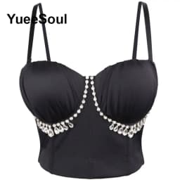 Black Y2K Tops White Rhinestone Sequins Tassel Slim Crop Top New Gothic Party Club Wedding High Street Sexy Corset Top Camis