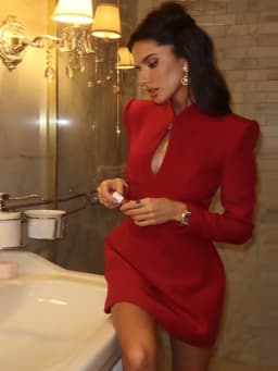 Chic Chest Hollow A-line Red Short Dresses Retro Long Sleeved Waist Padded Shoulder Suit Dress New Commuting Gown Woman Clothing