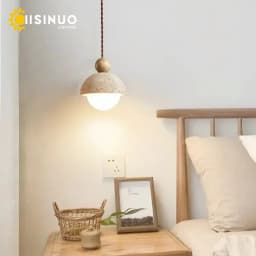 Natural Cave Stone Pendant Light LED Yellow Travertine Bedside Hanging Lighting Fixture for Restaurant Bedroom Living Room Decor