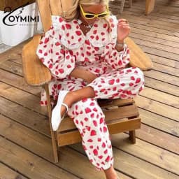 Oymimi Casual Pink Print 2 Piece Sets Women Outfit Elegant Lace Wrist Sleeve Peter Pan Collar Shirts And Ankle-Length Pants Sets