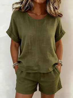 2026 Summer New Women's Solid Color Casual Crew Neck Short Sleeve Top & Shorts 2-Piece Outfit Set