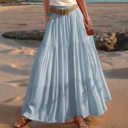 2026 Belted Hem A-line Solid Color Elastic Waist Skirt Women's Summer New Beach Vacation Commuting Camping All-match Long Skirt