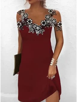 Customizable Casual Summer Women Fashion Solid Color V Neck Off Shoulder Elegant Lace Flower Sleeveless Pullover Party Dresses
