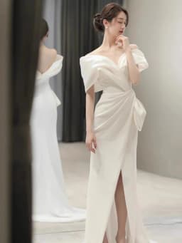 Light White One-Shoulder Wedding Dress Luxury Small Audience High-End Engagement Fish-Tail Evening Gown for Art Exam Hosting