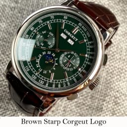 Corgeut 42mm Automatic Men's Watch Date Day Month Year Salmon Dial Multifunction 316L Leather Strap Polished Case Day Night