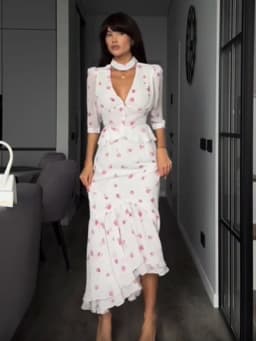 Women Elegant Printed V-neck Dress Chic Lapel Waist Cinched Pleated High Waisted Dresses 2026 Summer New Lady Vacation Gowns