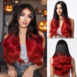 Easihair Black with Red Pink Highlight Long Straight Wig With Bangs Heat Resistant Synthetic Hair Gothic Halloween Cosplay Wigs