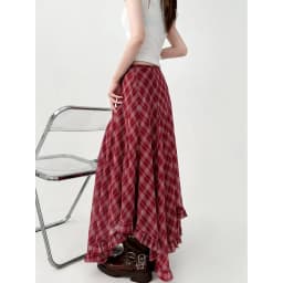 Spring Summer Vintage Two-Tone Plaid Midi Asymmetrical Hem A- Line Skirt Large Flounce Midi Length Silk Half Body Skirt