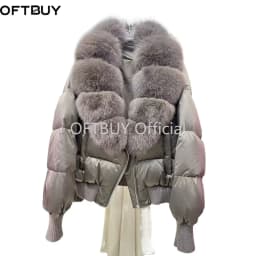 OFTBUY Winter Removable Real Fox Fur Collar Luxury Women Duck Down Jacket Glossy Short Puffer Coat Zipper Warm Fashion Outerwear