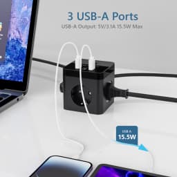 ANRMESUN Cube Extension Socket with Switch Power Strip with 1.5M Copper Cable 3 AC Outlets 3 USB Ports Home Office Power Adapter