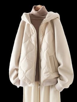 Korean Style Women's Fleece Lined Hooded Jacket Patchwork Cotton Insert Warmth Anti Aging Top for Autumn Winter Commute