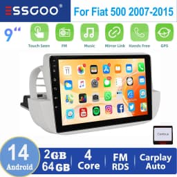 ESSGOO 2 DIN For Fiat 500 2007-2015 White 9" Apple Carplay Android auto Car Stereo Radio GPS WIFI SWC BT Mirror Link Android 14