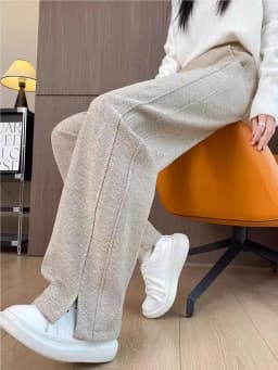 Thickened Woolen Straight Leg Pants Women's High Waist Wide Leg Trousers Autumn Winter Casual Pants Pocket Design Cotton Blend
