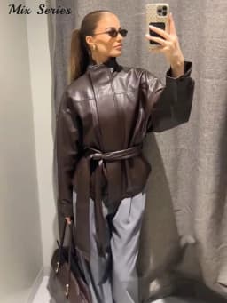 Fashion Solid Faux Leather Jackets Women's Stand Collar Full Sleeves Belted Jacket 2026 Autumn New Lady Casual Streetwear