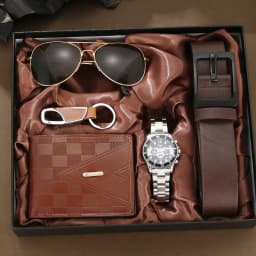 2026 New 5pcs Watch Set for Men in Gift Box Belt Wallet Hair Trimmer Keychain Sunglasses Men’s Watch Gift Box Set Gifts for Him