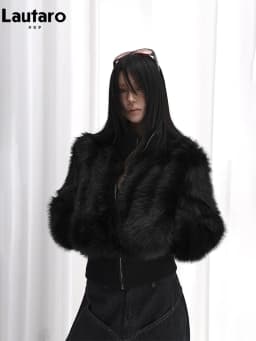 Lautaro Spring Winter Short Black Soft Thick Warm Hairy Faux Fur Coat Women Zip Up Luxury Designer Clothes Fluffy Jacket 2025