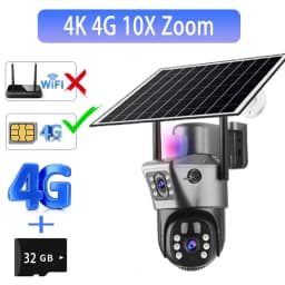 Solar Outdoor Surveillance Camera 4G Sim 6K 12MP Three Lens 10 Digital Zoom Wireless Cctv PTZ IP66 Security Solar Panel Cameras