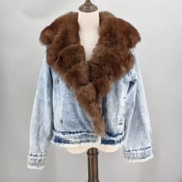 Denim Coat with Real Large Fox Fur Collar for Women, Furry Jacket, Fluffy Suit, Luxurious Brown and Yellow Coat, Winter Fashion