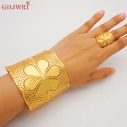 France Luxury Chain Cuff Bangle & Ring For Women Dubai Gold Color Indian Moroccan Big Bracelet Jewelry Arabic African Wedding