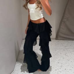 Chic Women's Solid Cascading Ruffles Flare Pants Chiffon High Waist Female Black Trousers 2026 Summer Lady All-match Trouser New