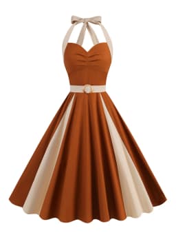 Tonval Brown and Beige Patchwork Vintage Cotton Dresses for Women Sweetheart Neck High Waist Backless Party Dresses