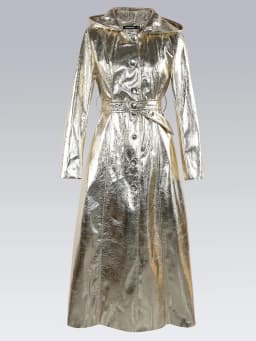 Lautaro Spring Autumn Extra Long Cool Silver Shiny Reflective Pu Leather Trench Coat for Women with Hood Luxury Runway Fashion