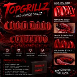 TOPGRILLZ Red Mirror Hip Hop Grillz Set 2Pcs 8 Teeth Top Bottom Grills Y2K Party Cosplay Teeth Halloween Jewelry Men Women