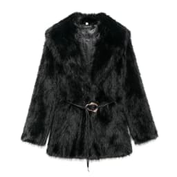 With Belt Fur Coat Fluffy Large Heart Shaped Waist Cinching Deep V Mid Length Overcoat Warm Plush Women Trend Outwear Winter Top