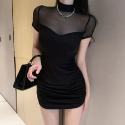 Elegant Short Sleeve Mesh Splice Slim Fit Waist Cinched Mini Dress Street Style Pure Color Polka Dot Print Casual Wear