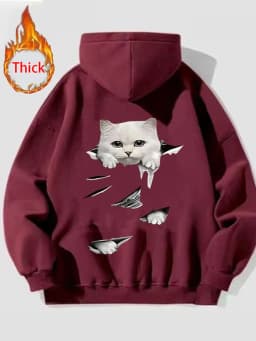 Cute Cat Thick Hoodies Women Fall Winter Warm Loose Long Sleeve Soft Tops Coats Vintage Lady Casual Preppy Style Kawaii Pullover