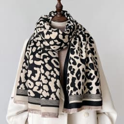 1pc Women's double-sided leopard jacquard imitation cashmere scarf Fashionable color matching leopard warm shawl scarf with tass