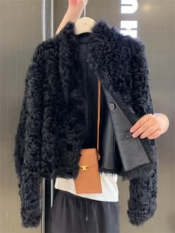 Chic Thickened PU Leather Splicing Black Lamb Fur Jacket Women's Autumn Winter Korean Style Small Size Fashionable Top