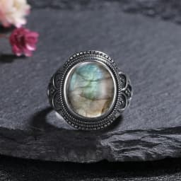 Silver Ring for Women Oval Round Natural Labradorite Ring Gift Sun Shaped Retro Luxury Fine Jewelry