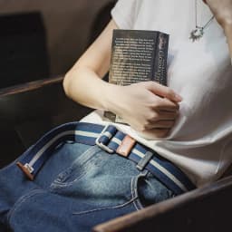 Maden Women's No-hole Blue and White Colorblocking Belts Double Ring Buckle Belt Retro Striped Woven Canvas Elastic Belt