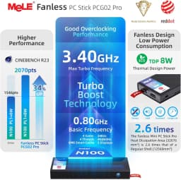 MeLE PCG02 Pro Fanless MINI PC Stick N100 8G 256G Mini Computer Dual HDMI,4266MHz LPDDR4,WiFi5 Gigabit Ethernet,USB Type-C PD3.0