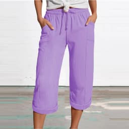 Women 3/4 Muslin Trouser Lightweight Linen Pants With Pockets Causal Loose Capri Trousers Elastic Comfortable Fabric Bottom