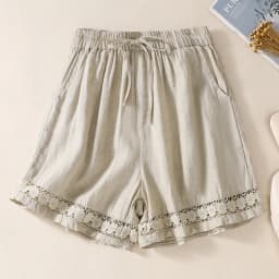 Casual Solid Linen Cotton Lace Floral Summer Short Pants Loose Elastic Waist Boho Beach Wear Shorts for Women Bottom
