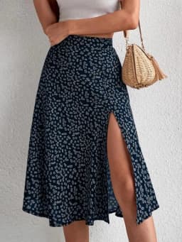 Spring and summer new women's versatile floral zipper split A-line skirt