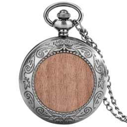 Walnut/Beech Wood Slice Decor Quartz Pocket Watch Grey Black Alloy Metal Watch Case Arabic Numerals Dial Pendant Necklace Watch