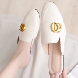 Lady Gold Metal Slides Round Toe Microfiber Soft Bottom For Tender Feet Wide Fits Beige Pink Fashionable Shoes For Summer 44-33