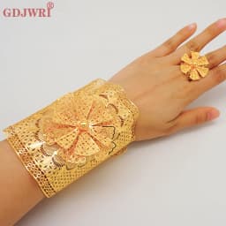 France Luxury Chain Cuff Bangle & Ring For Women Dubai Gold Color Indian Moroccan Big Bracelet Jewelry Arabic African Wedding