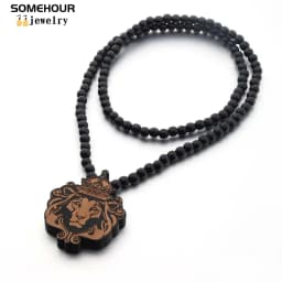 SOMEHOUR King Lion Africa Map Pendant Necklace String Wood Beads Chains Peace Symbol Power Fist Hiphop Jewelry For Women Men