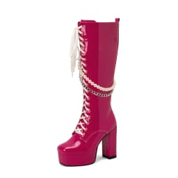 Shiny Patent Leather Super Platform Chunky Heel Metal Chain Pearl String Motorcycle Boots Cross Lace Up Side Zip Punk Knee Boots
