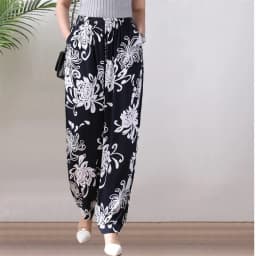 High Waist Lantern Pants Casual Cotton Silk Large Size Printed Long Trousers for Middle-Aged And Elderly Women