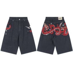 Masked Goddess Embroidered Flowered Jens Shorts for Men and Women High Street Washed Baggy Casual Five Point Denim Pants